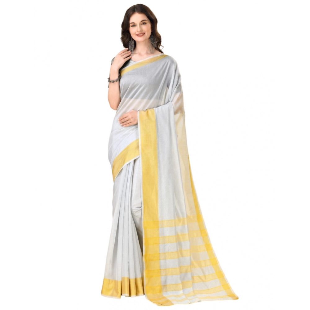 Women's Cotton Silk Striped Saree With Unstitched Blouse 5.5Mtr (Silver)