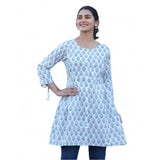White cotton printed 3/4 sleeve round neck tunic with 34 size, vibrant pattern detail