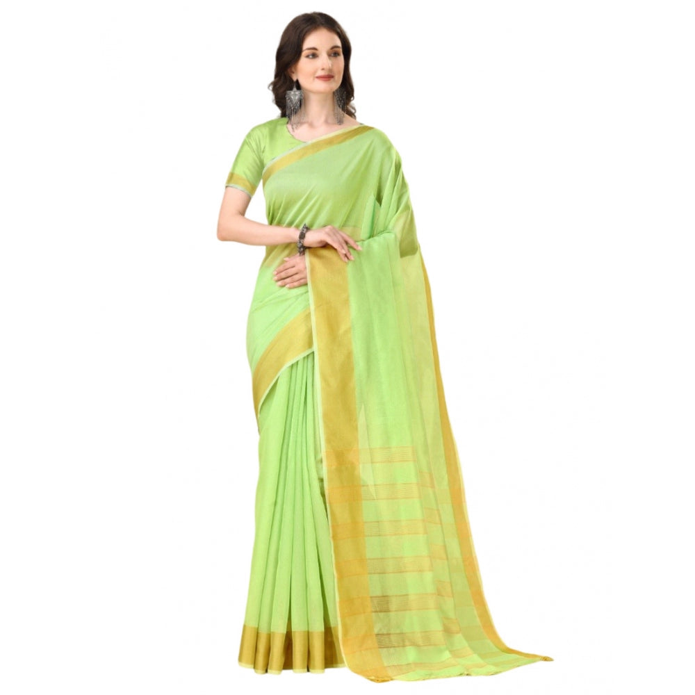 Women's Cotton Silk Striped Saree With Unstitched Blouse 5.5Mtr (Green)