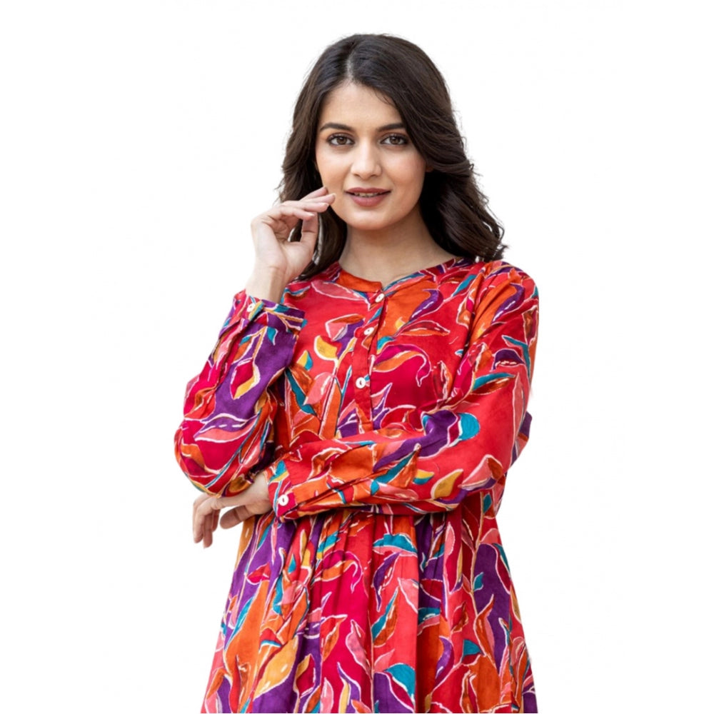 Red cotton printed mandarin collar top with full sleeves, vibrant and stylish for women's fashion