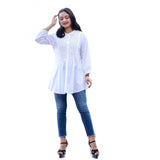Women's white cotton solid full sleeve band collar tunic with short length, ideal for casual wear