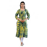 Green cotton dyed 3/4 sleeve round neck kurti for women - vibrant, fashionable, traditional Indian attire