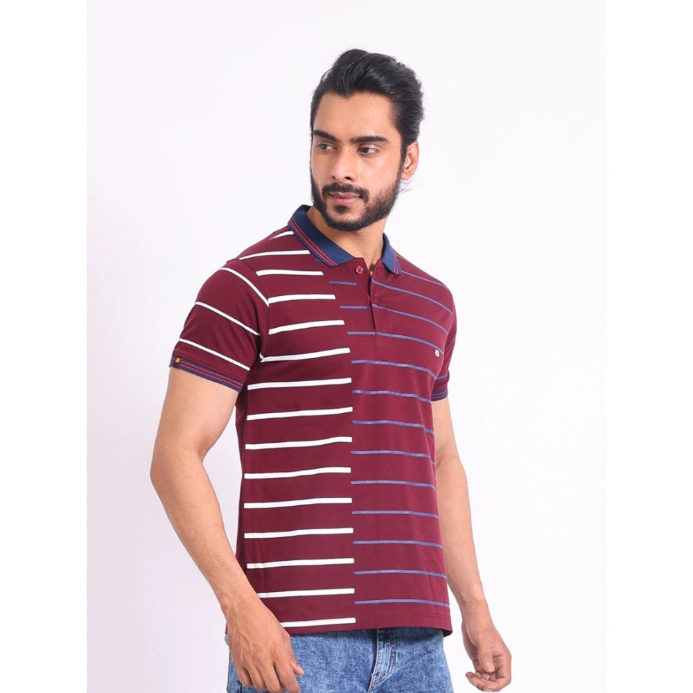 Purple cotton printed polo neck half sleeve t-shirt for men's casual wear, vibrant pattern detail