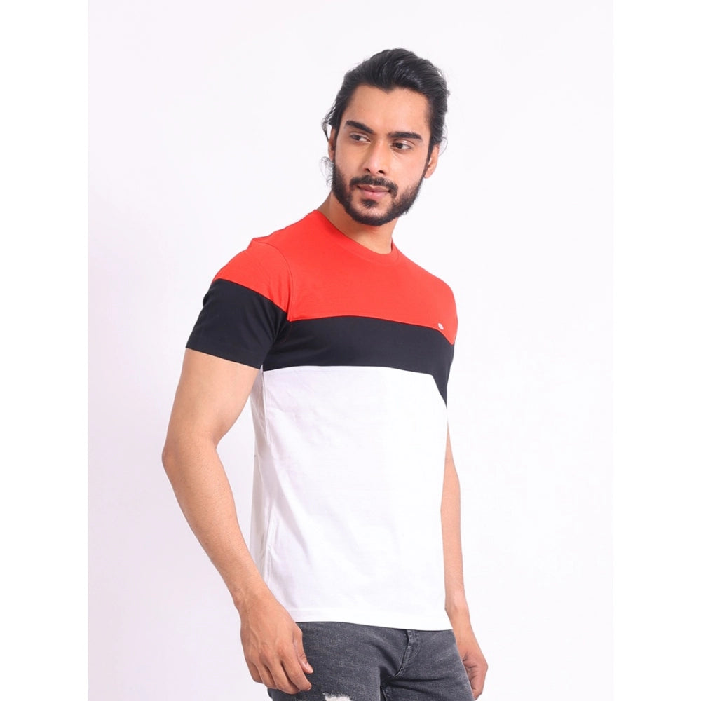 Red cotton printed men's casual half sleeve round neck t-shirt with vibrant design detail