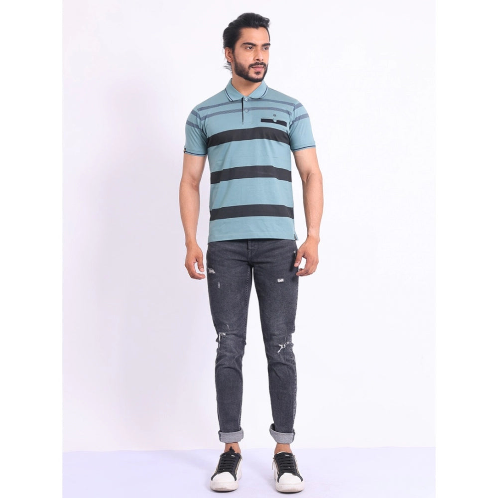 Green cotton printed polo neck half sleeve t-shirt for men's casual wear