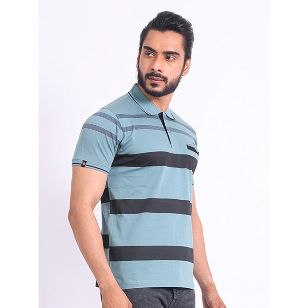 Green cotton printed polo neck half sleeve t-shirt for men, casual wear on display