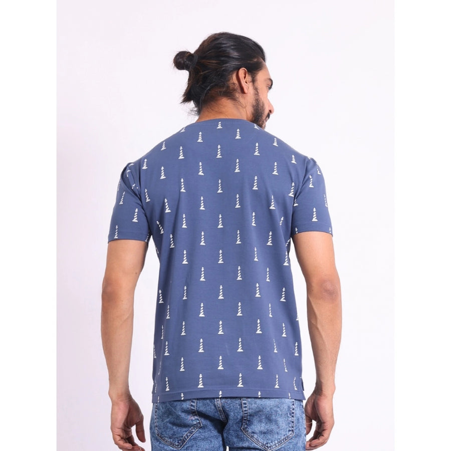 Blue cotton printed round neck half sleeve t-shirt for men's casual wear
