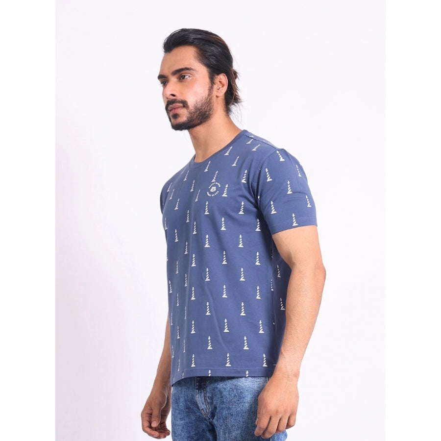 Blue cotton printed round neck half sleeve casual t-shirt for men, vibrant design on display