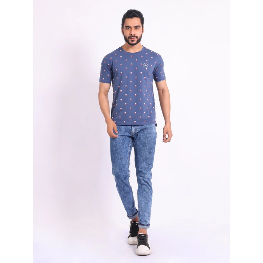 Blue cotton printed men's casual round neck half sleeve t-shirt with vibrant pattern design