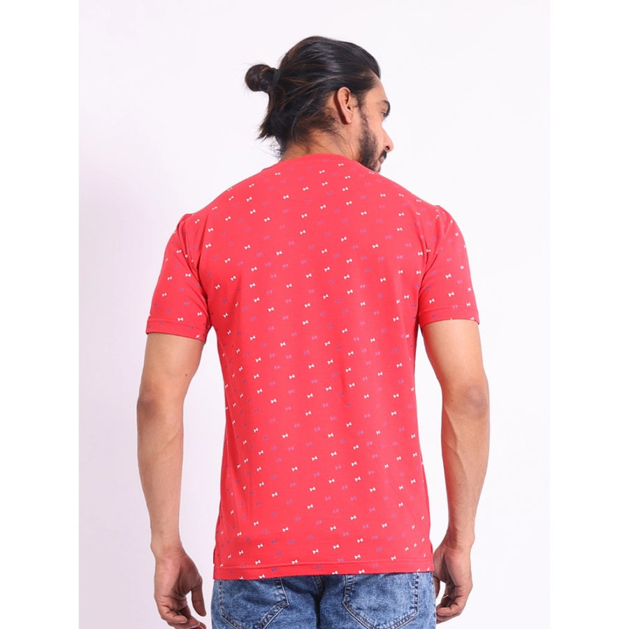 Red cotton printed round neck half sleeve men's casual t-shirt with vibrant pattern detail