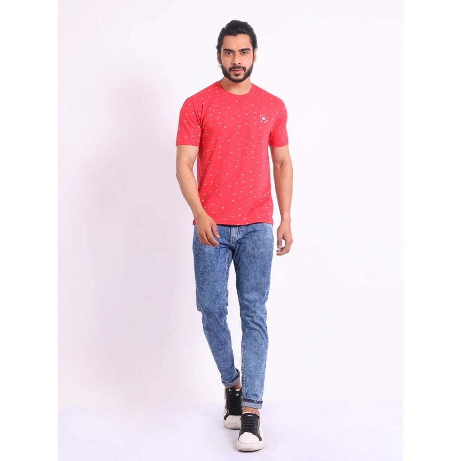 Red cotton printed casual t-shirt with half sleeves (men's style)