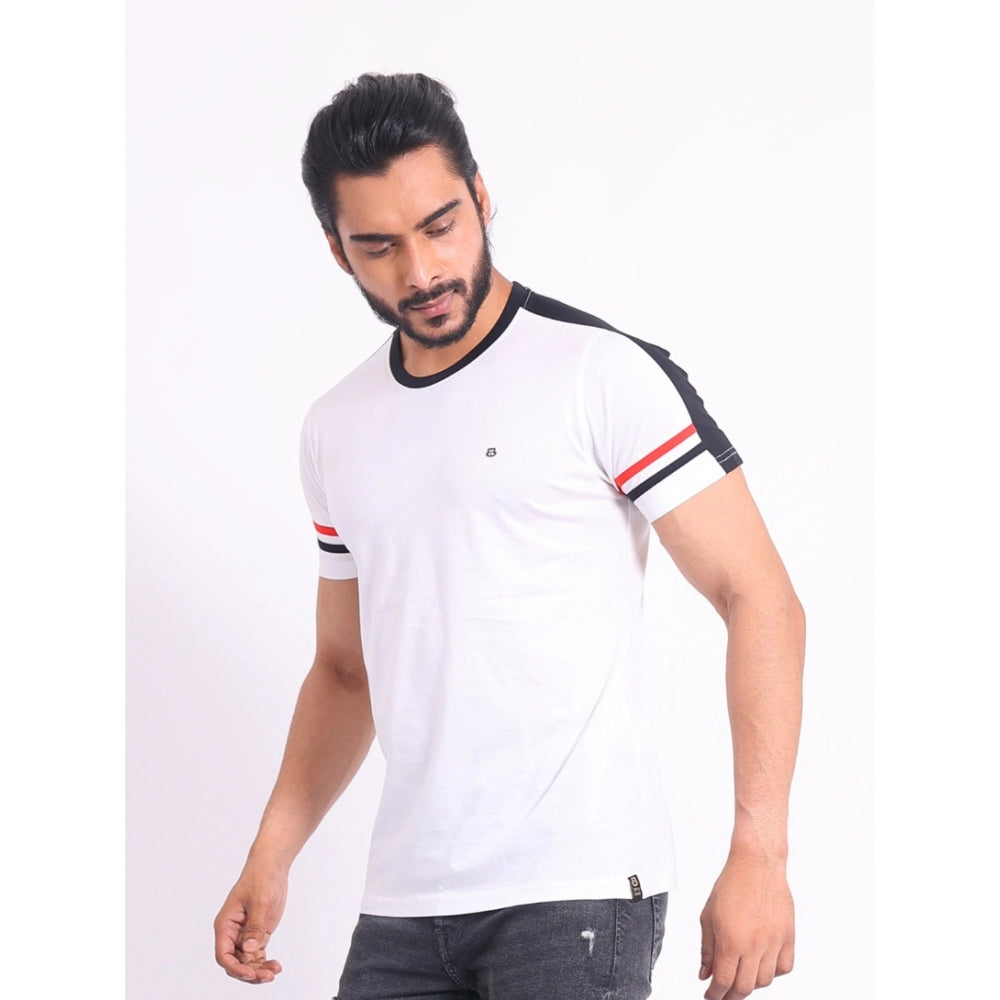 White cotton men's casual printed round neck half sleeve t-shirt with vibrant pattern detail