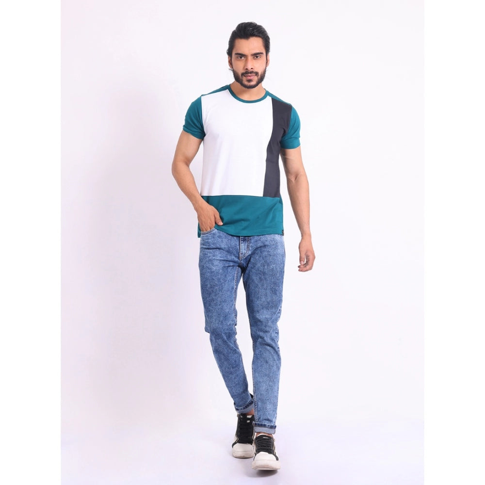 Green cotton printed round neck half sleeve casual t-shirt for men, featuring vibrant pattern design