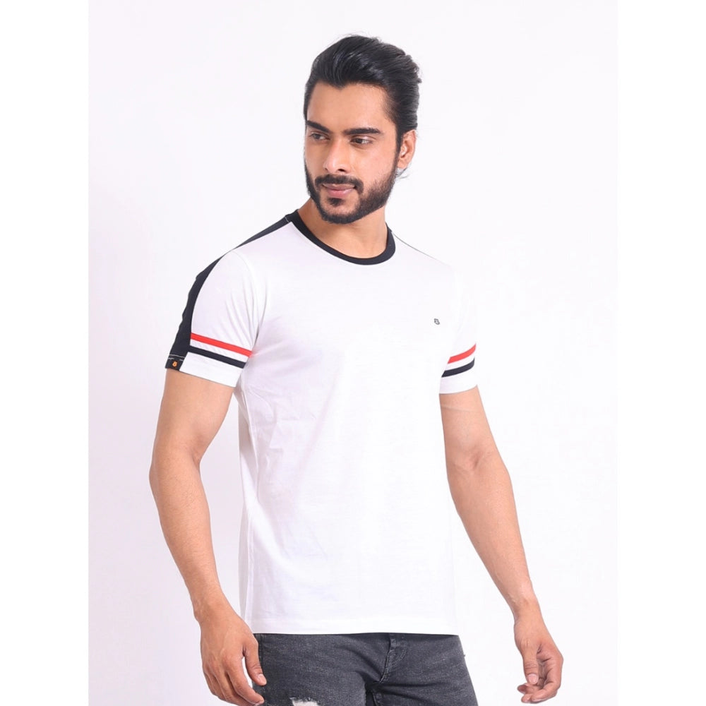 White cotton printed men's casual round neck half sleeve t-shirt with vibrant pattern detail