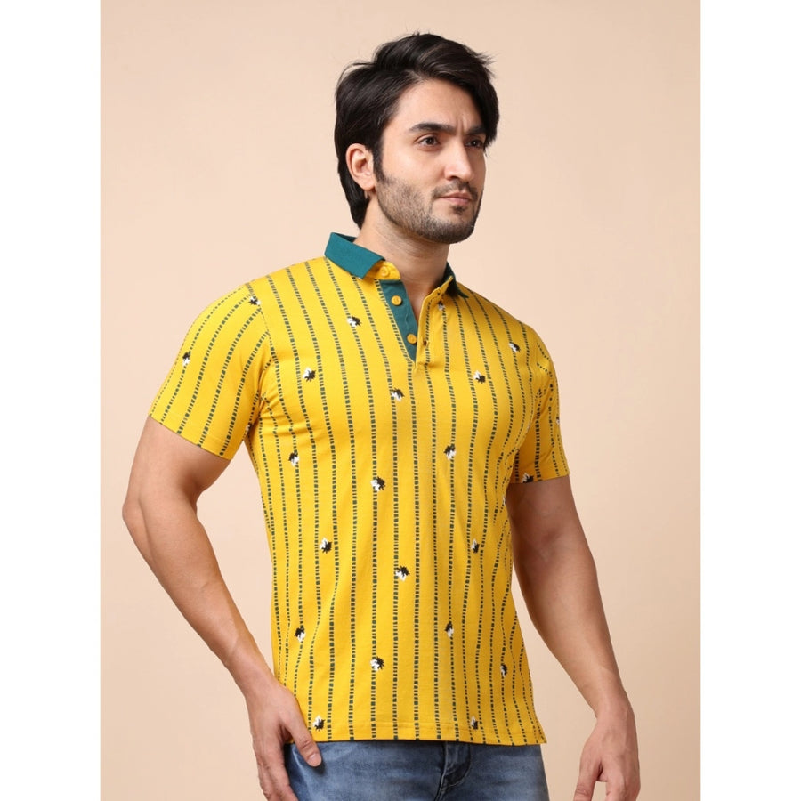 Yellow cotton printed polo neck half sleeve men's casual t-shirt