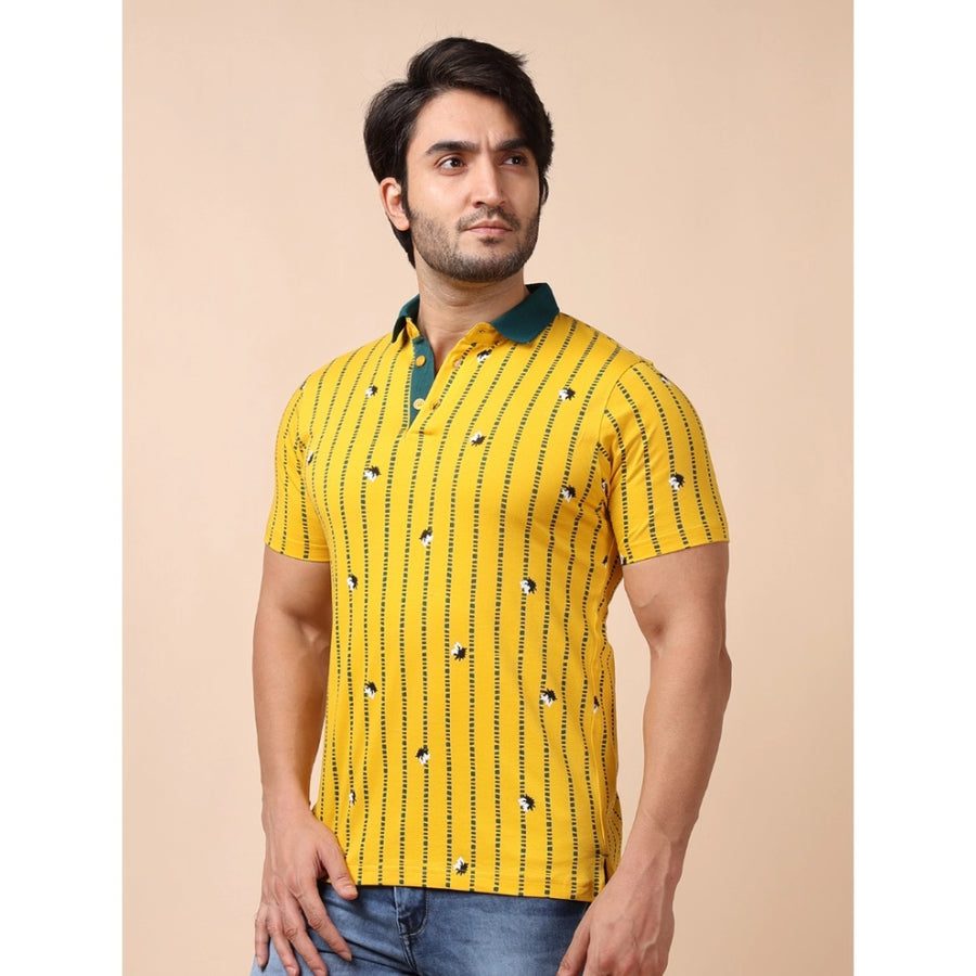 Yellow cotton printed polo neck half sleeve t-shirt for men's casual wear