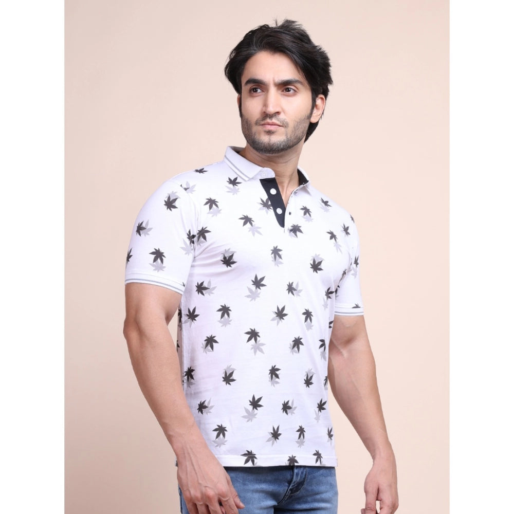 White cotton printed polo neck half sleeve t-shirt with casual style