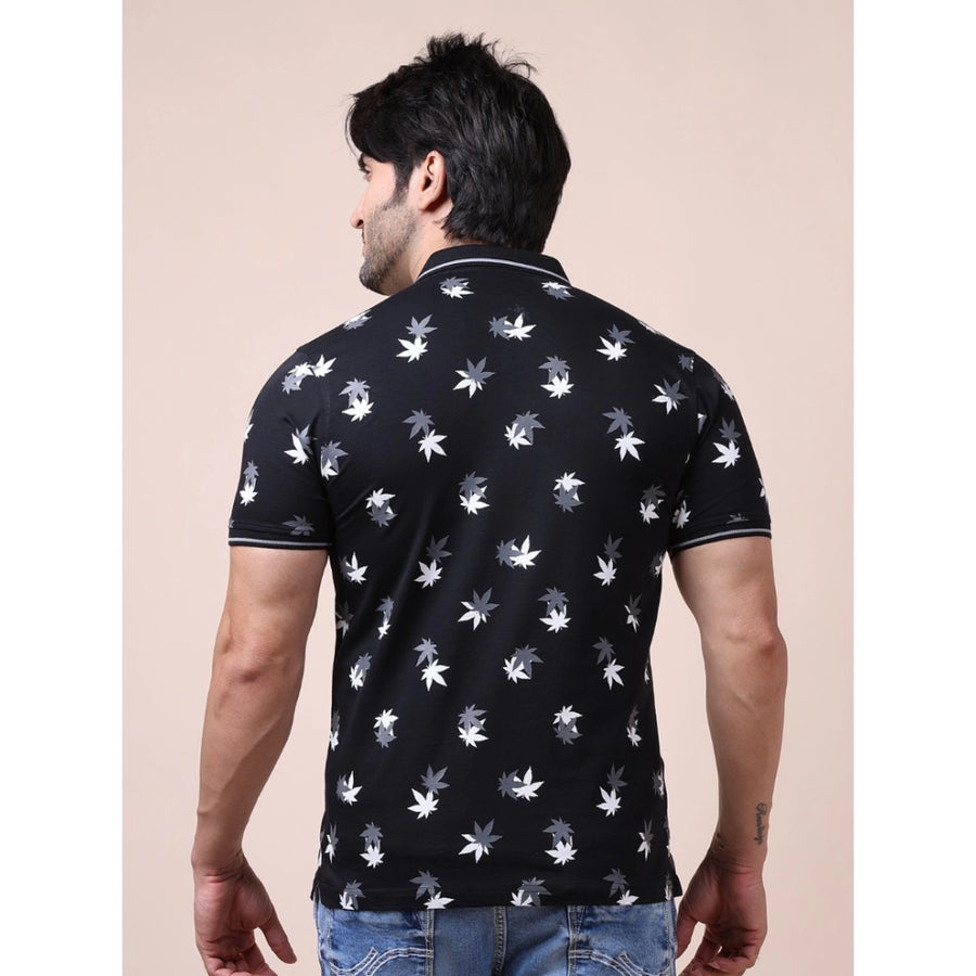 Black cotton printed polo neck half sleeve t-shirt for men, casual style with patterned design