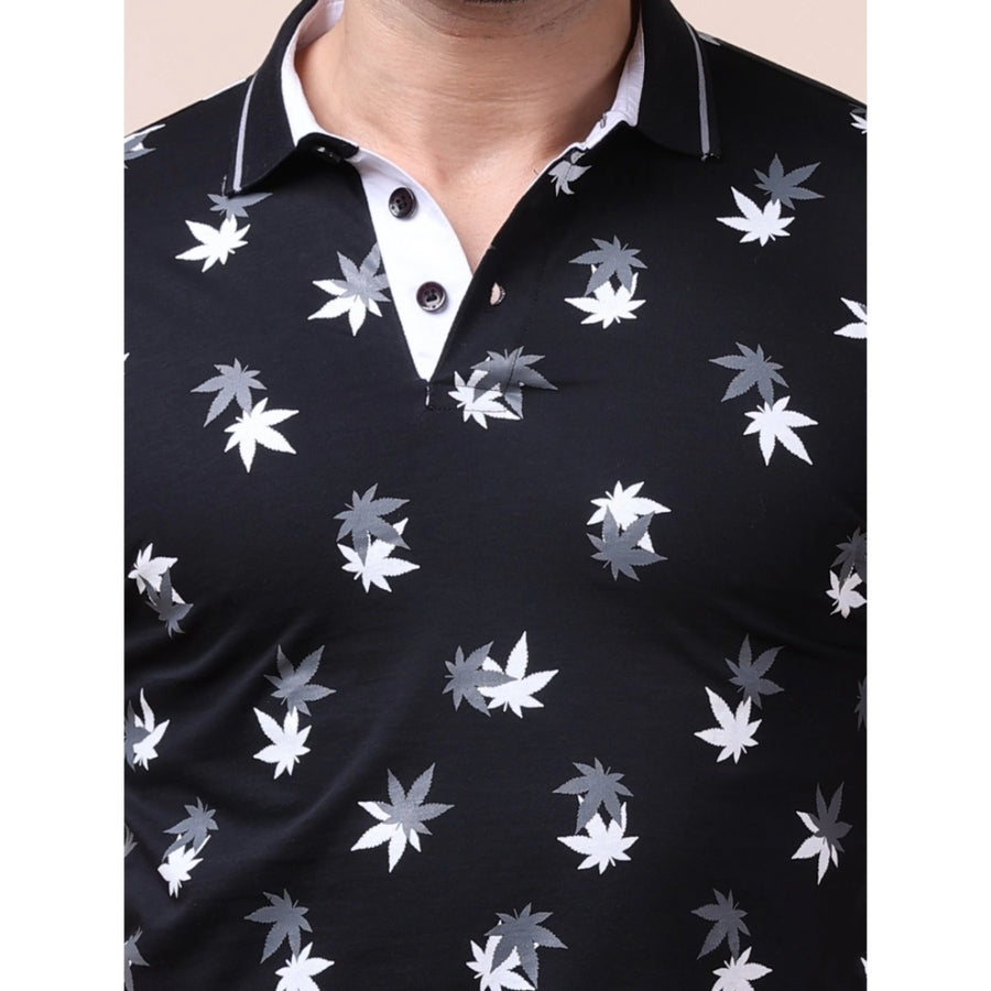 Black cotton printed polo neck half sleeve t-shirt for men - casual style with unique design