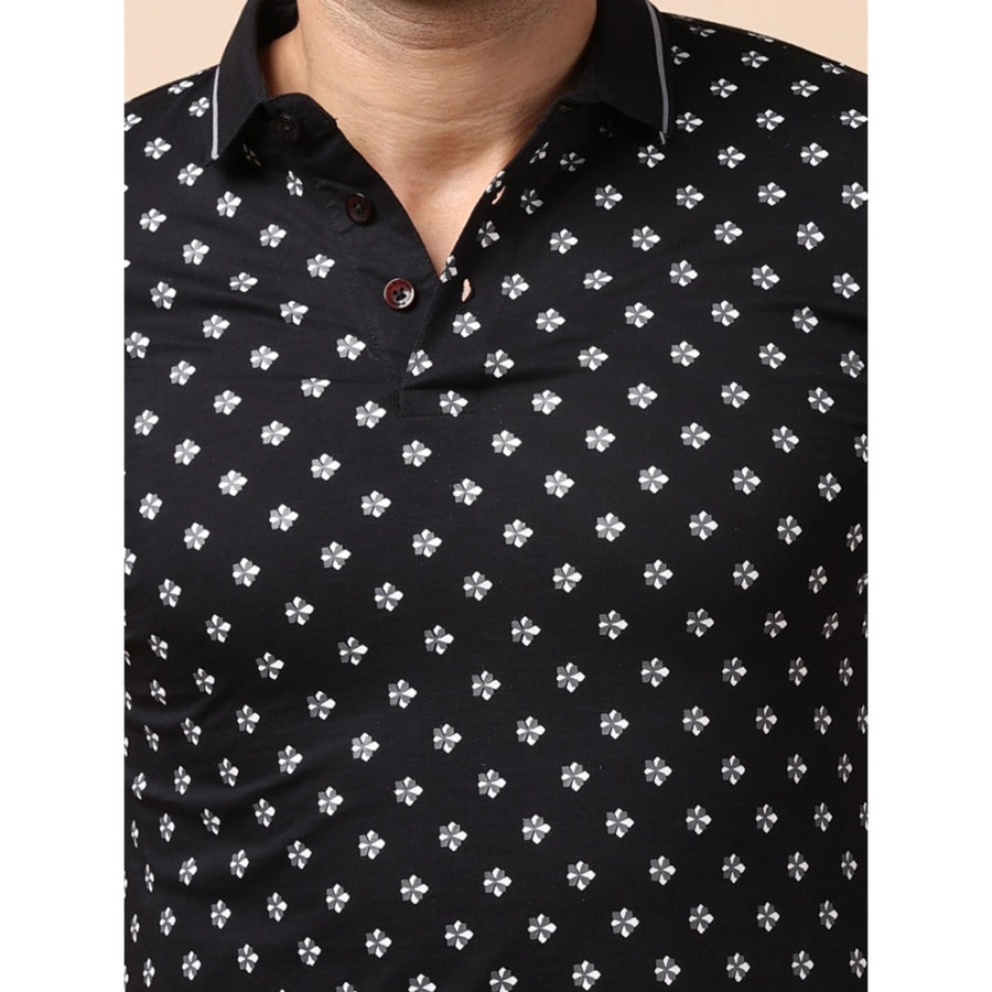 Black cotton printed polo neck half sleeve t-shirt for men - casual style with distinctive pattern detail