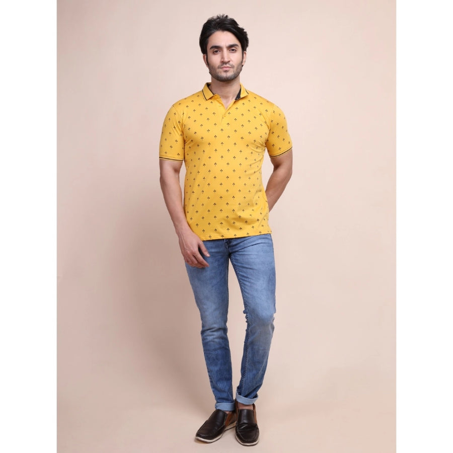 Men's casual cotton printed mustard polo neck half sleeve T-shirt, close-up view