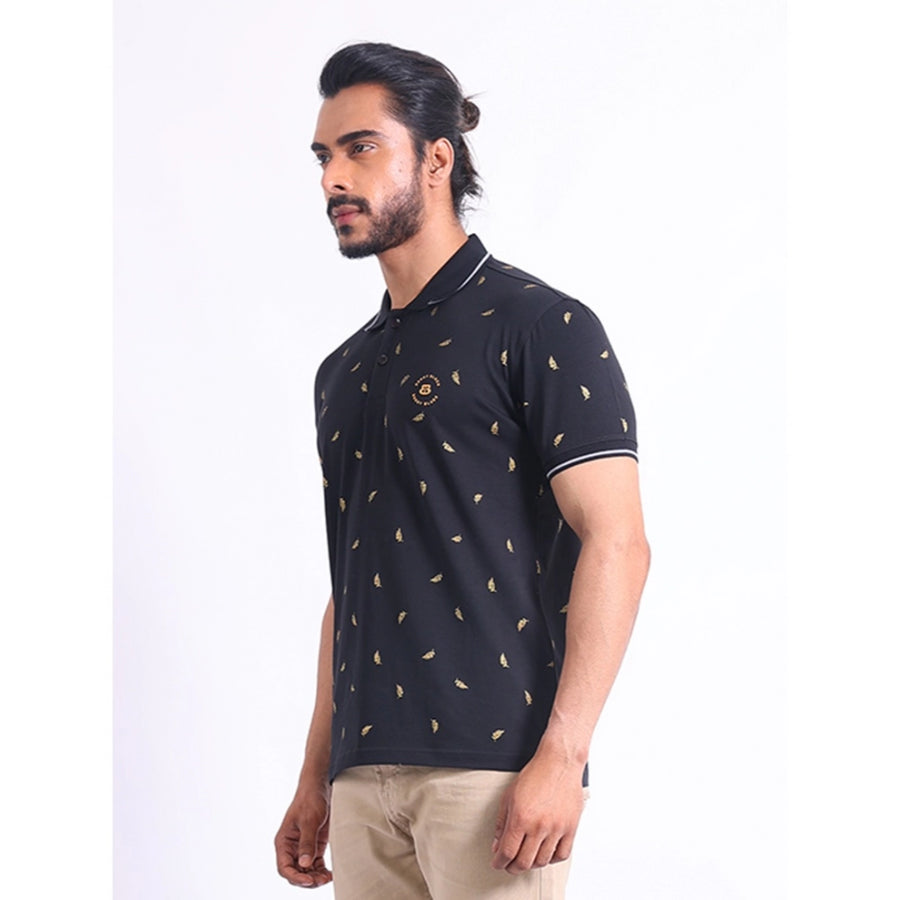 Black cotton printed polo neck half sleeve t-shirt for men, casual style with graphic design