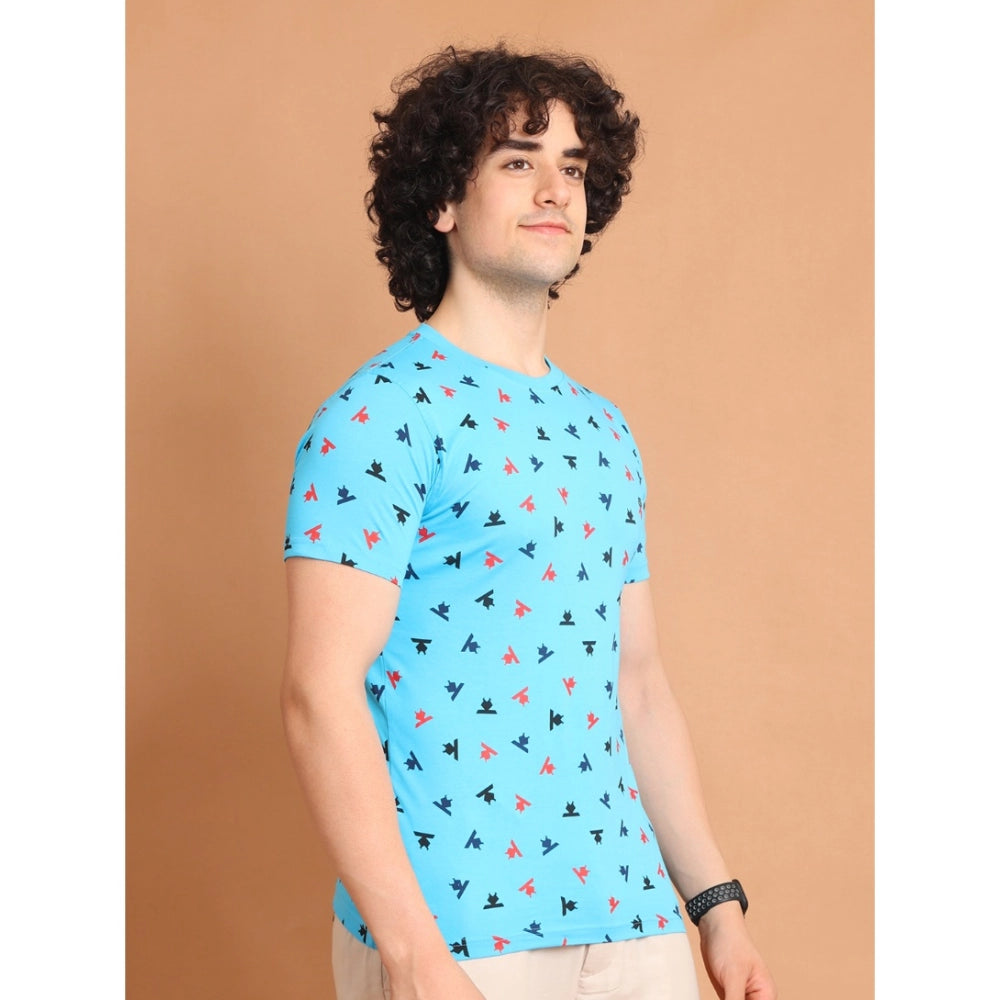 Skyblue cotton printed round neck half sleeve men's casual t-shirt - casual fashion attire on model