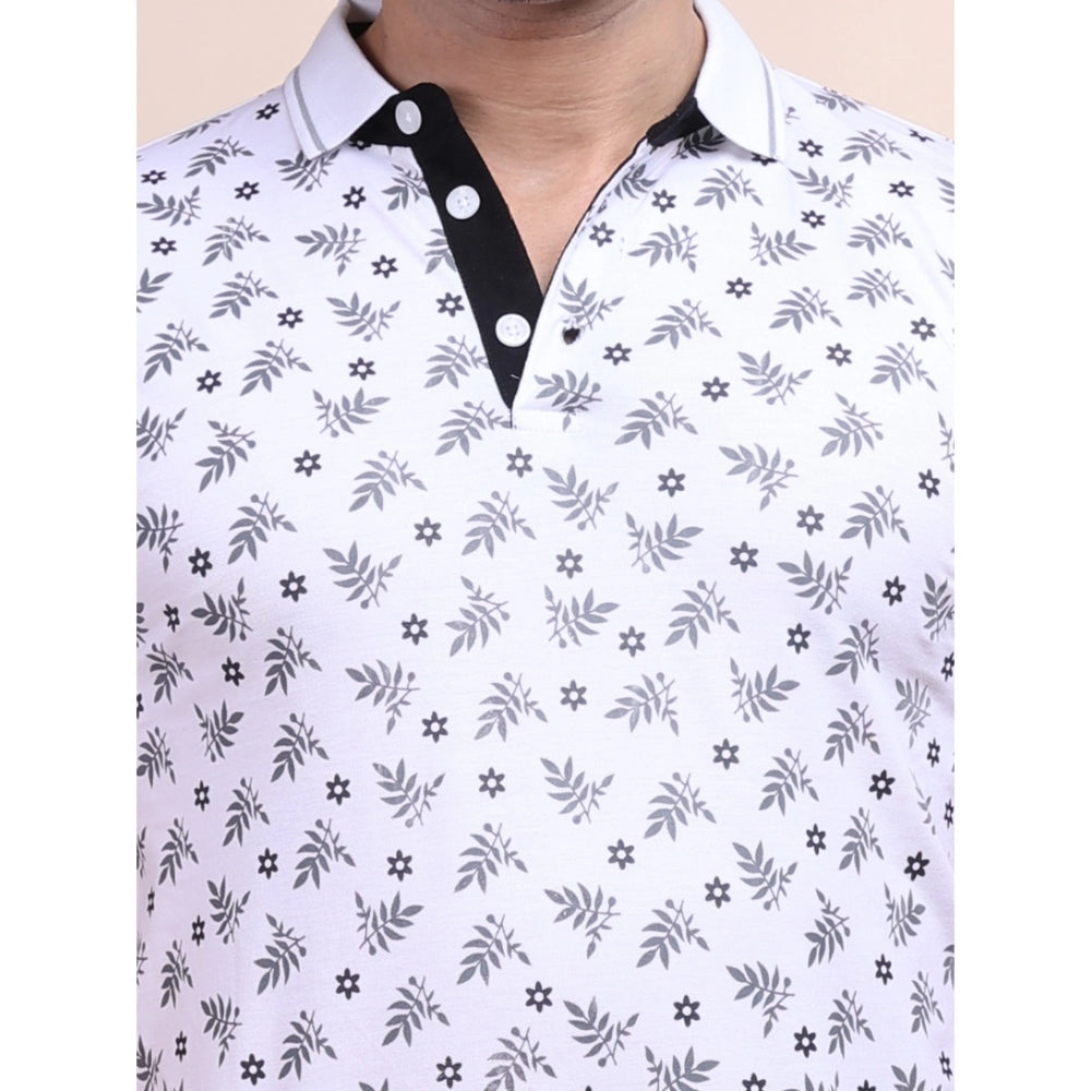 White cotton printed polo neck half sleeve t-shirt with casual style
