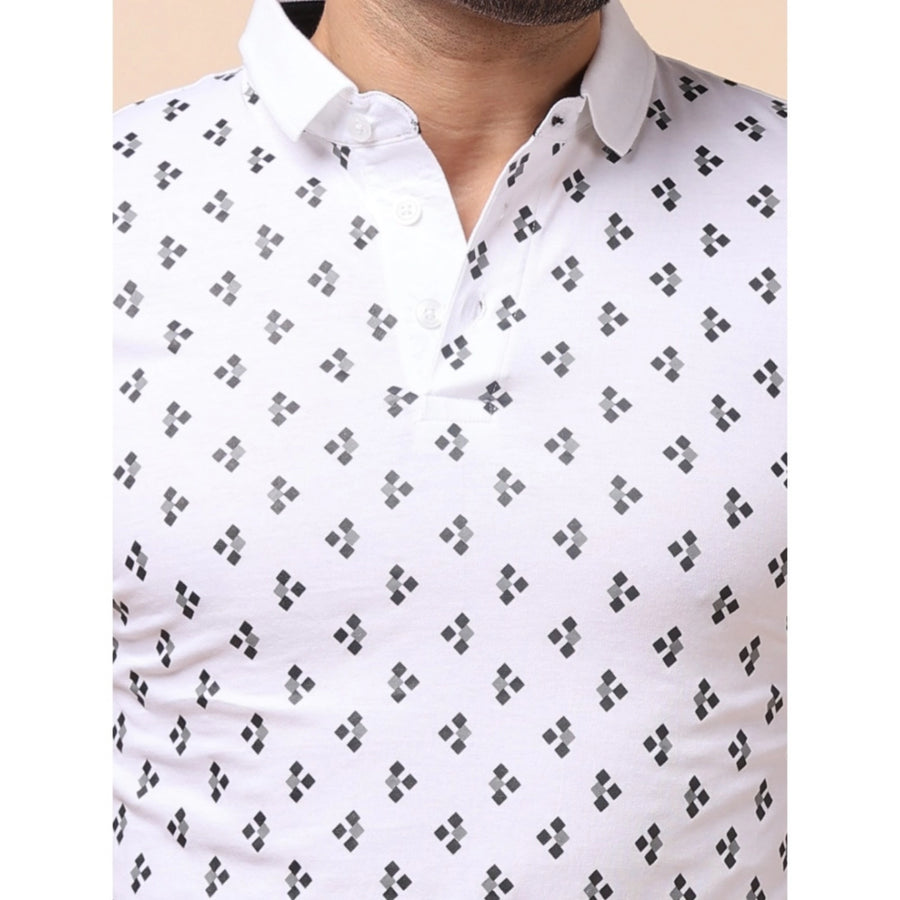 Men's white cotton printed polo neck half sleeve t-shirt, casual style with stylish pattern