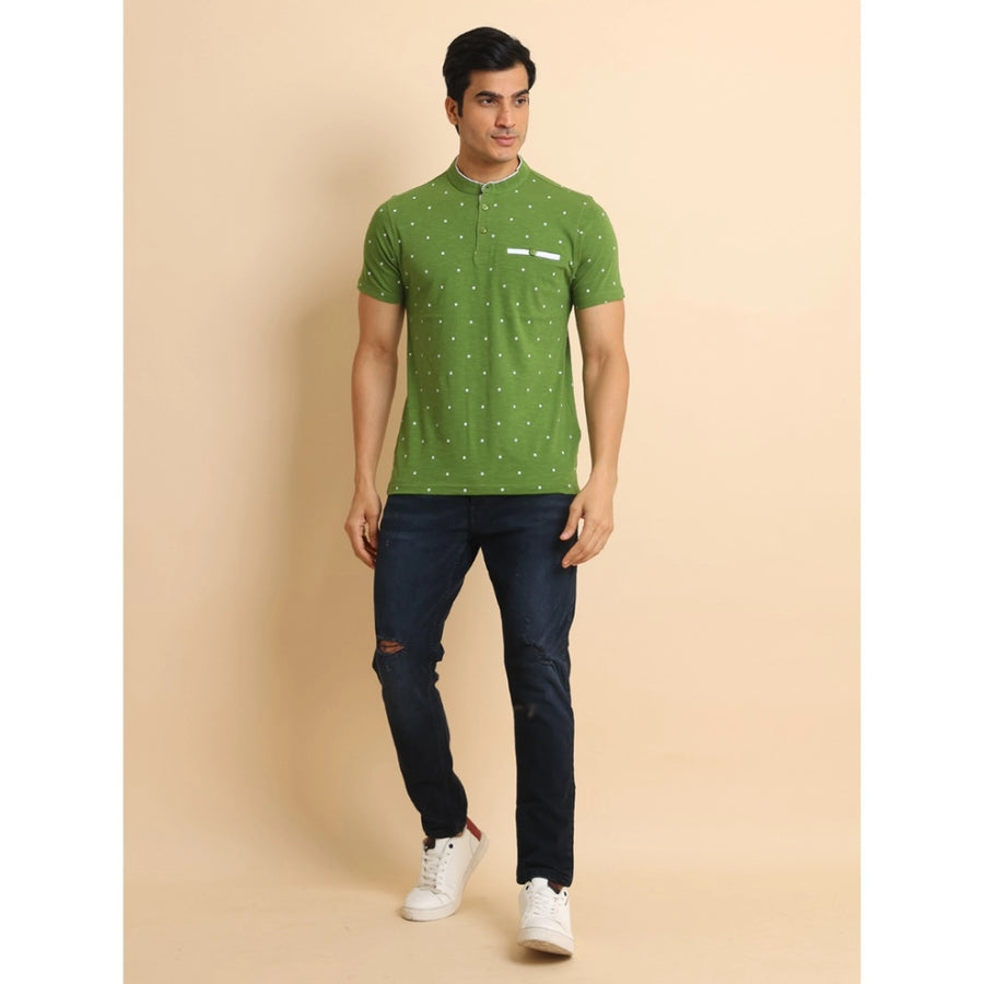 Green cotton printed mandarin collar half sleeve t-shirt for men's casual wear with vibrant pattern detail