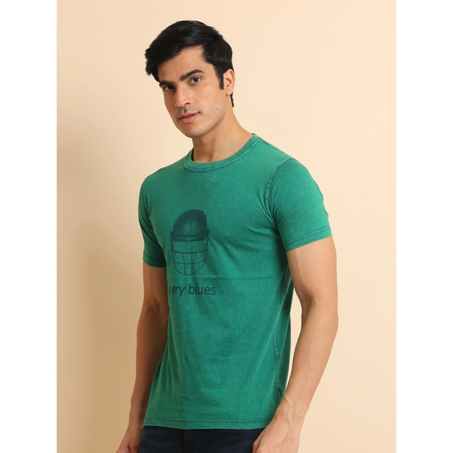 Green cotton printed men's casual round neck half sleeve T-shirt with vibrant design detail