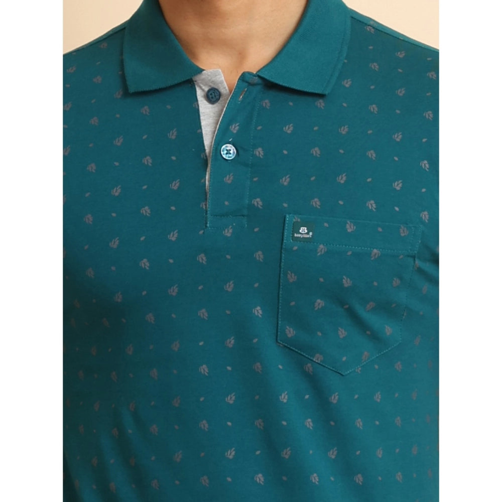Green cotton printed polo neck half sleeve t-shirt for men's casual wear