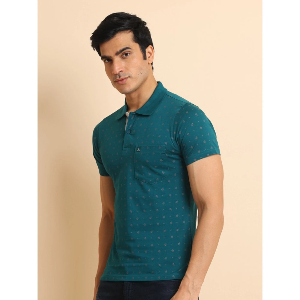Green cotton printed polo neck half sleeve t-shirt for men's casual wear