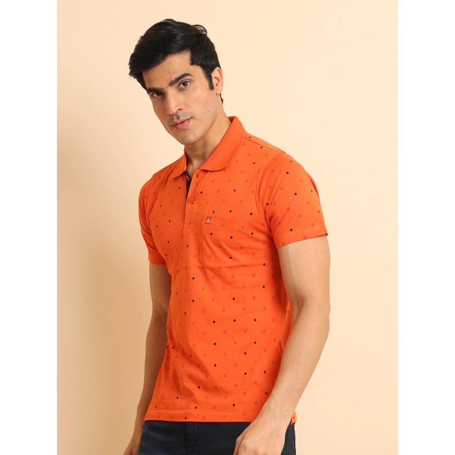 Rust cotton printed polo neck half sleeve men's casual t-shirt, vibrant design on display