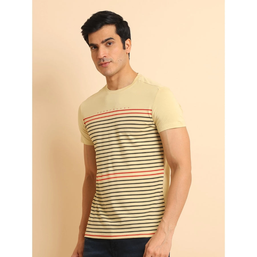 Beige cotton printed half sleeve round neck casual t-shirt for men - color variations may occur
