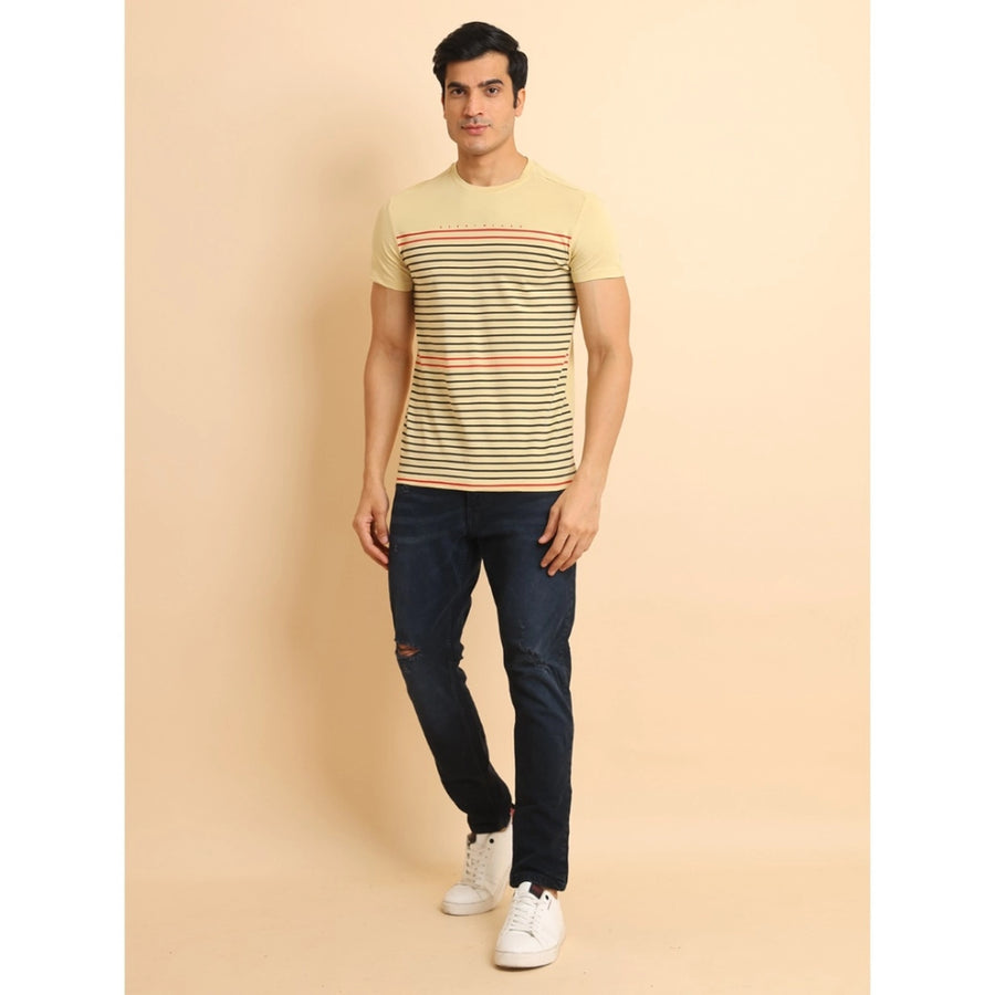 Beige cotton printed round neck half sleeve men's casual t-shirt - vibrant graphic design