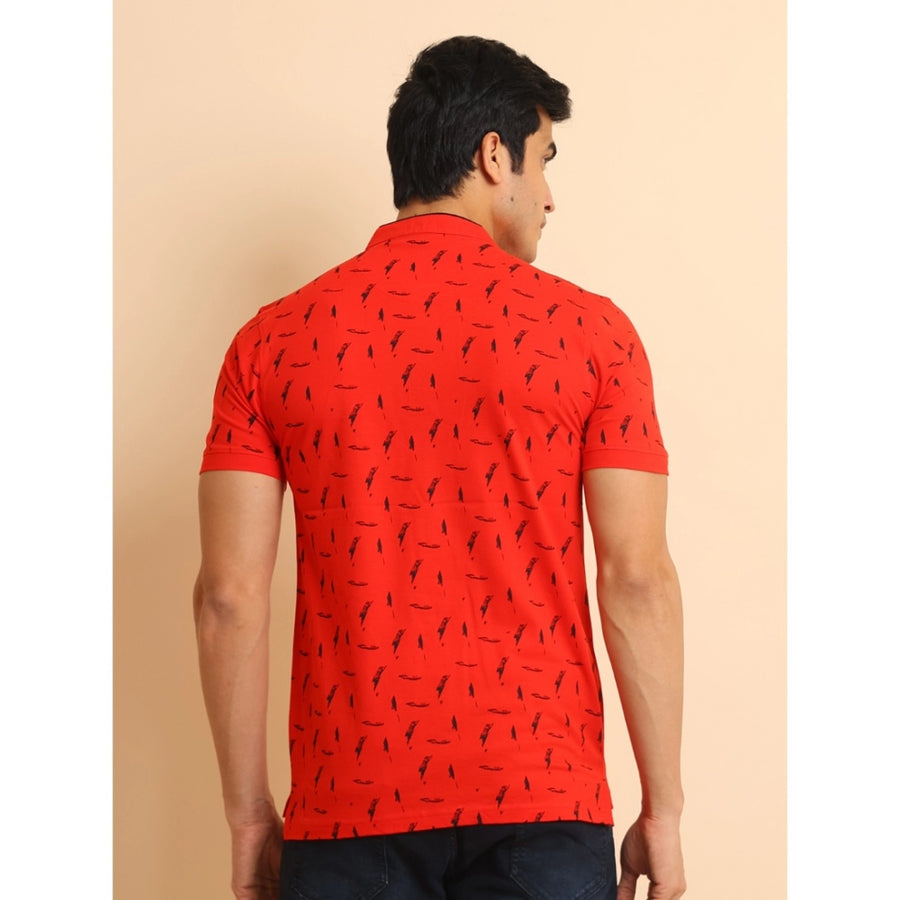 Red cotton printed mandarin collar half sleeve t-shirt with casual vibe