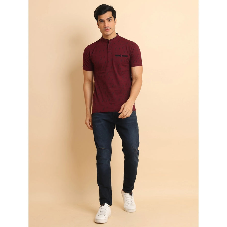 Men's casual cotton printed plum mandarin collar half sleeve t-shirt with vibrant pattern