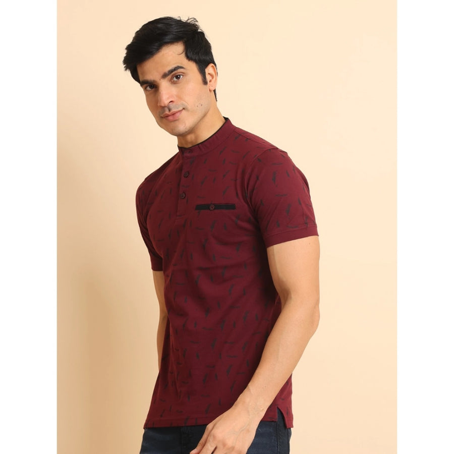 Plum cotton printed mandarin collar half sleeve men's casual t-shirt - vibrant pattern, comfortable fit for everyday wear