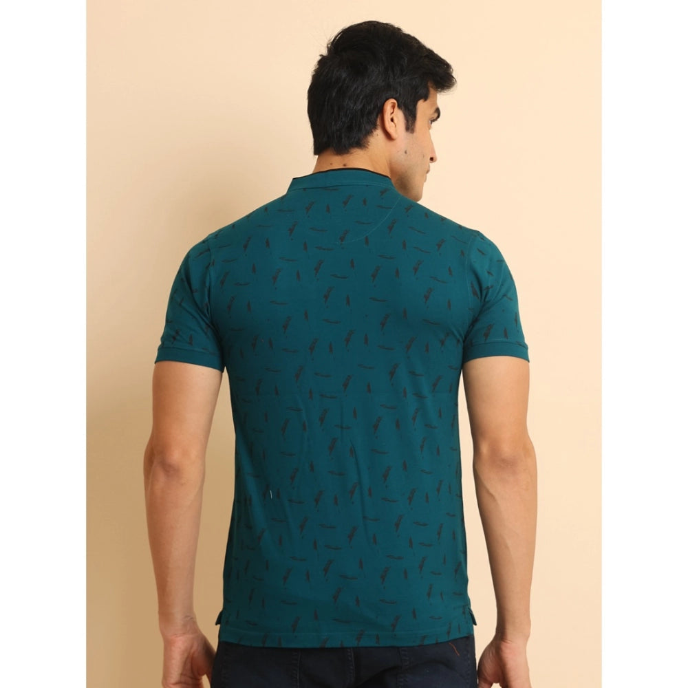 Green cotton printed men's casual half sleeve mandarin collar t-shirt with vibrant pattern design