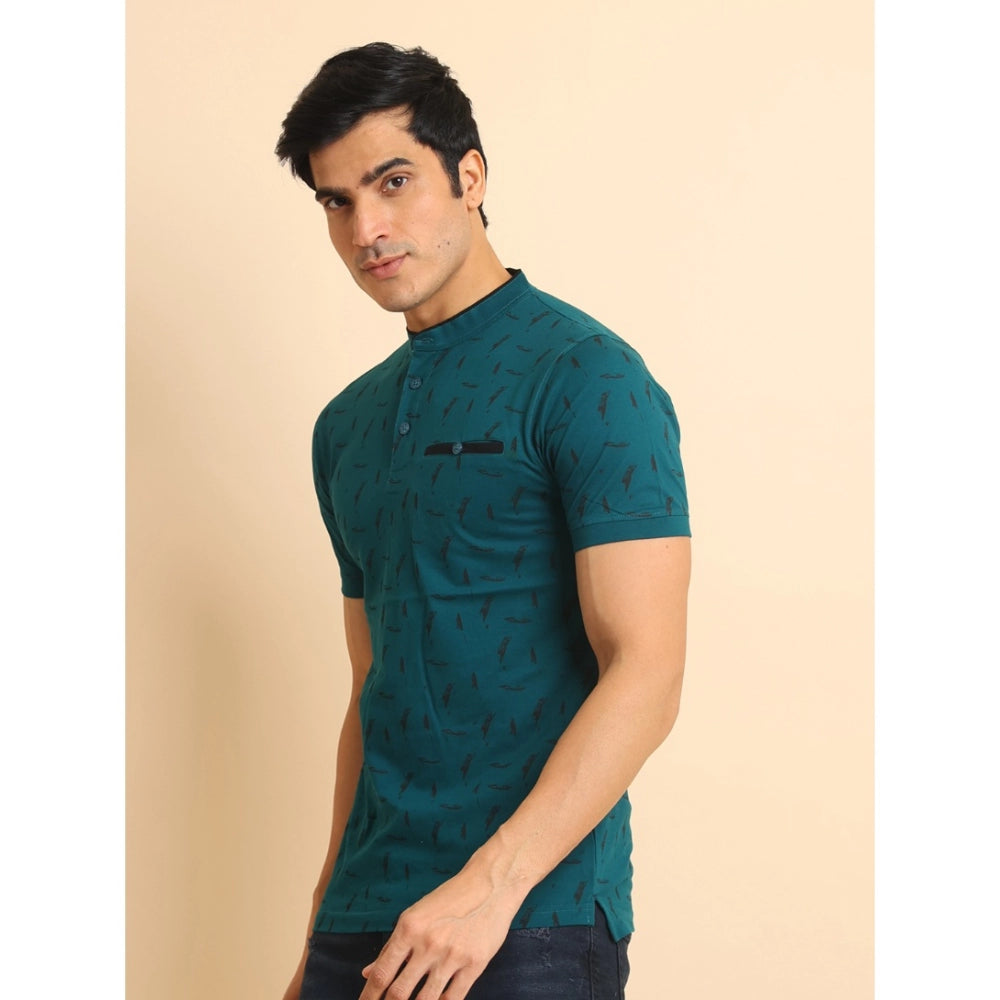 Green cotton printed mandarin collar half sleeve men's casual T-shirt with vibrant graphic design