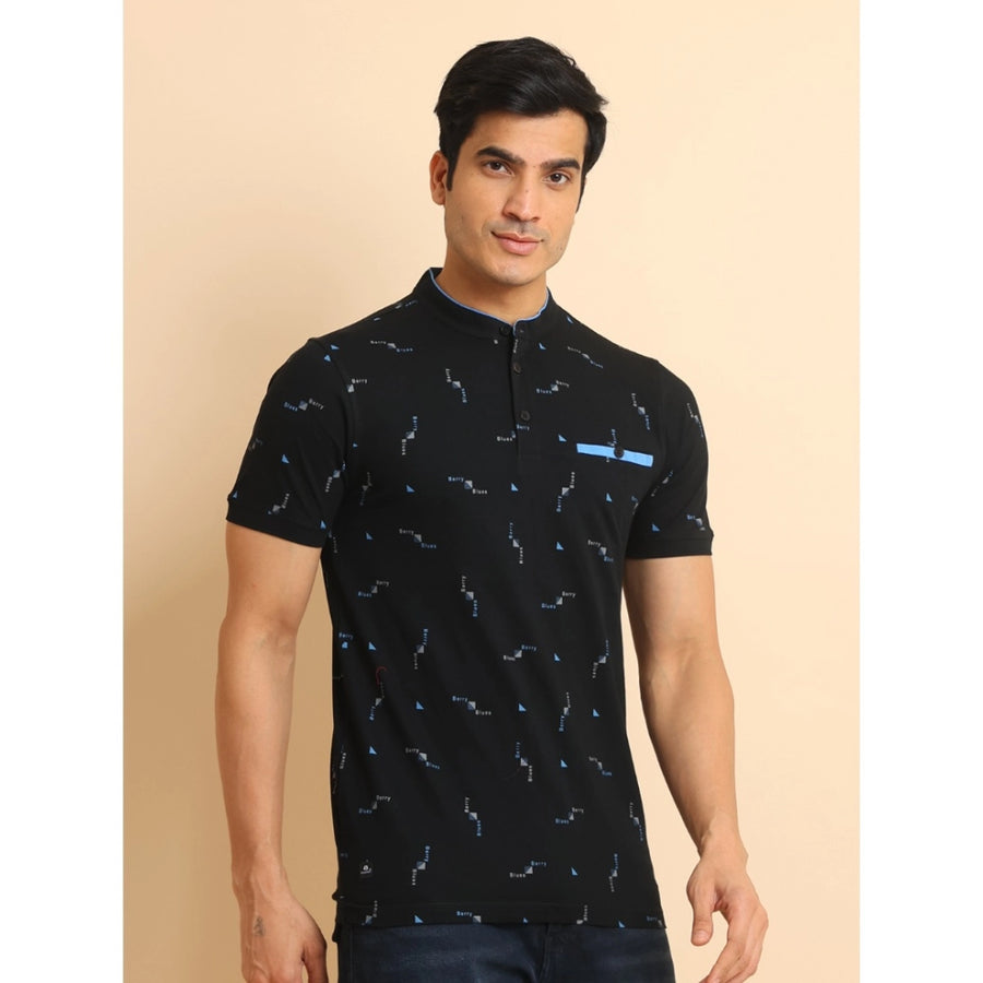 Navy cotton printed mandarin collar half sleeve casual t-shirt with vibrant pattern detail