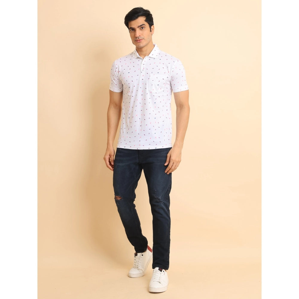 White cotton printed polo neck half sleeve t-shirt with casual style