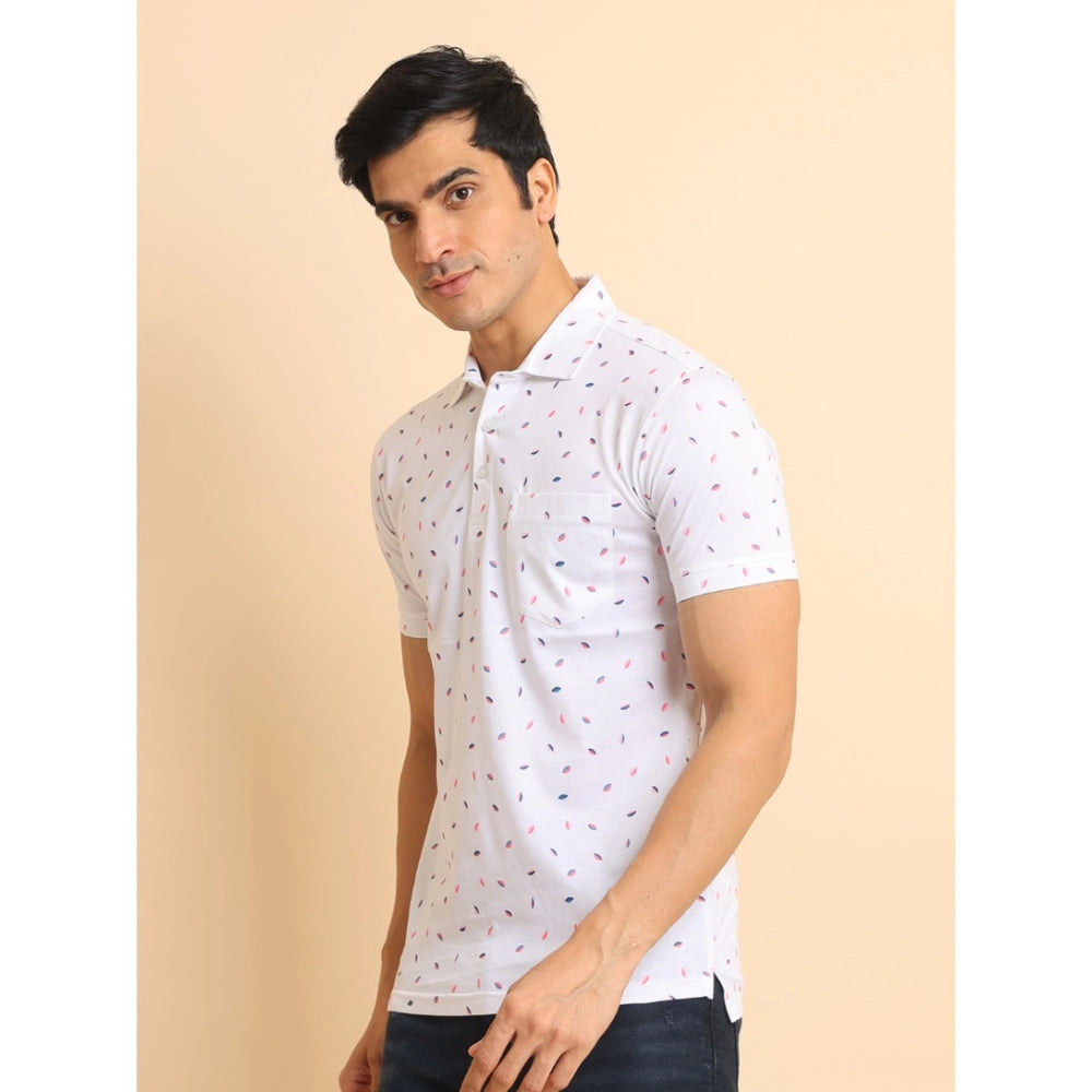 Men's casual cotton printed polo neck half sleeve white T-shirt, vibrant design on display