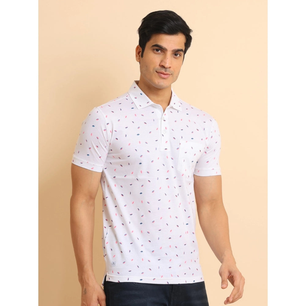 Men's casual cotton printed polo neck half sleeve white t-shirt - vibrant design on classic sportswear