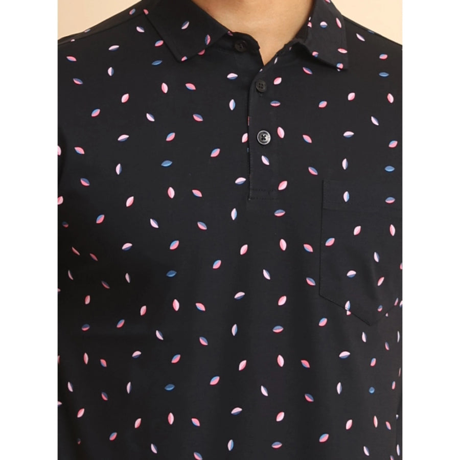 Black cotton printed polo neck half sleeve t-shirt with casual style pattern