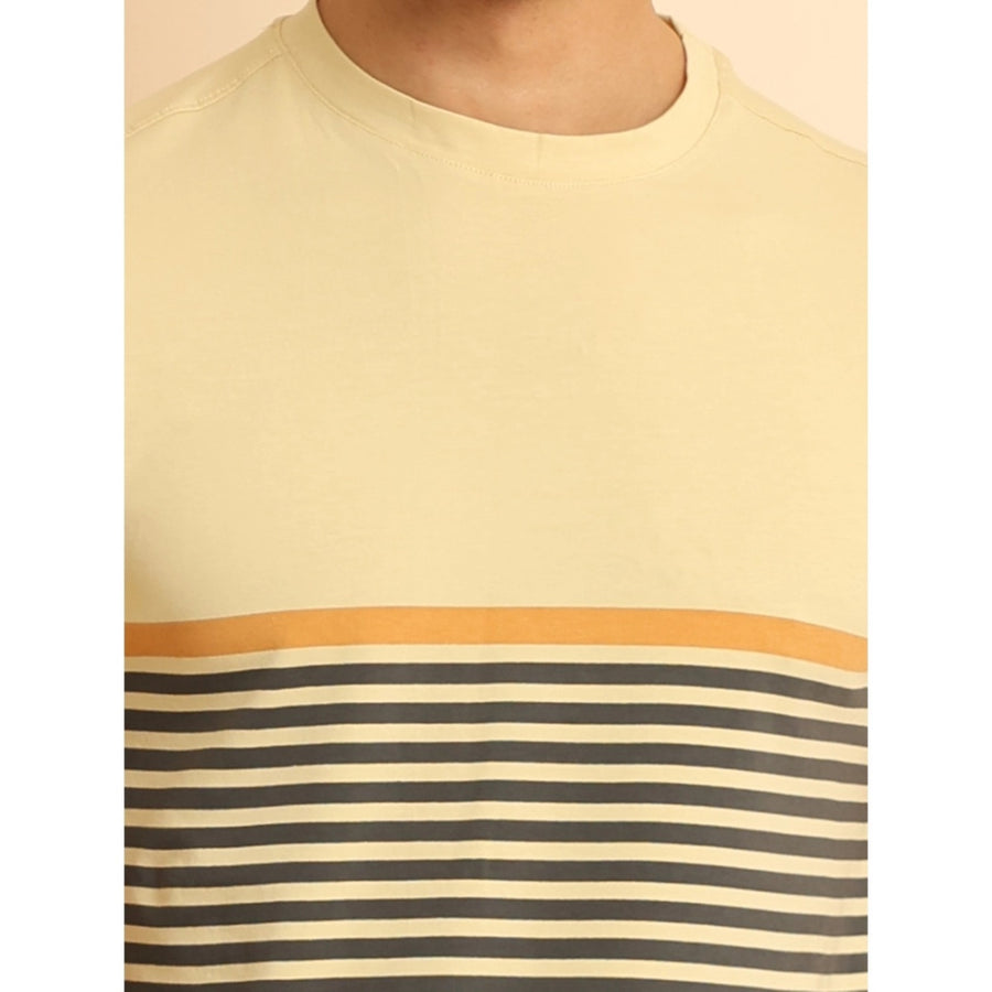 Brown cotton printed men's casual round neck half sleeve T-shirt with vibrant graphic design