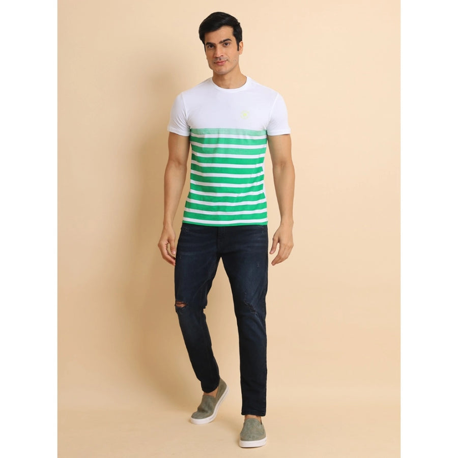 Green cotton men's casual printed round neck half sleeve T-shirt, patterned with diverse motifs
