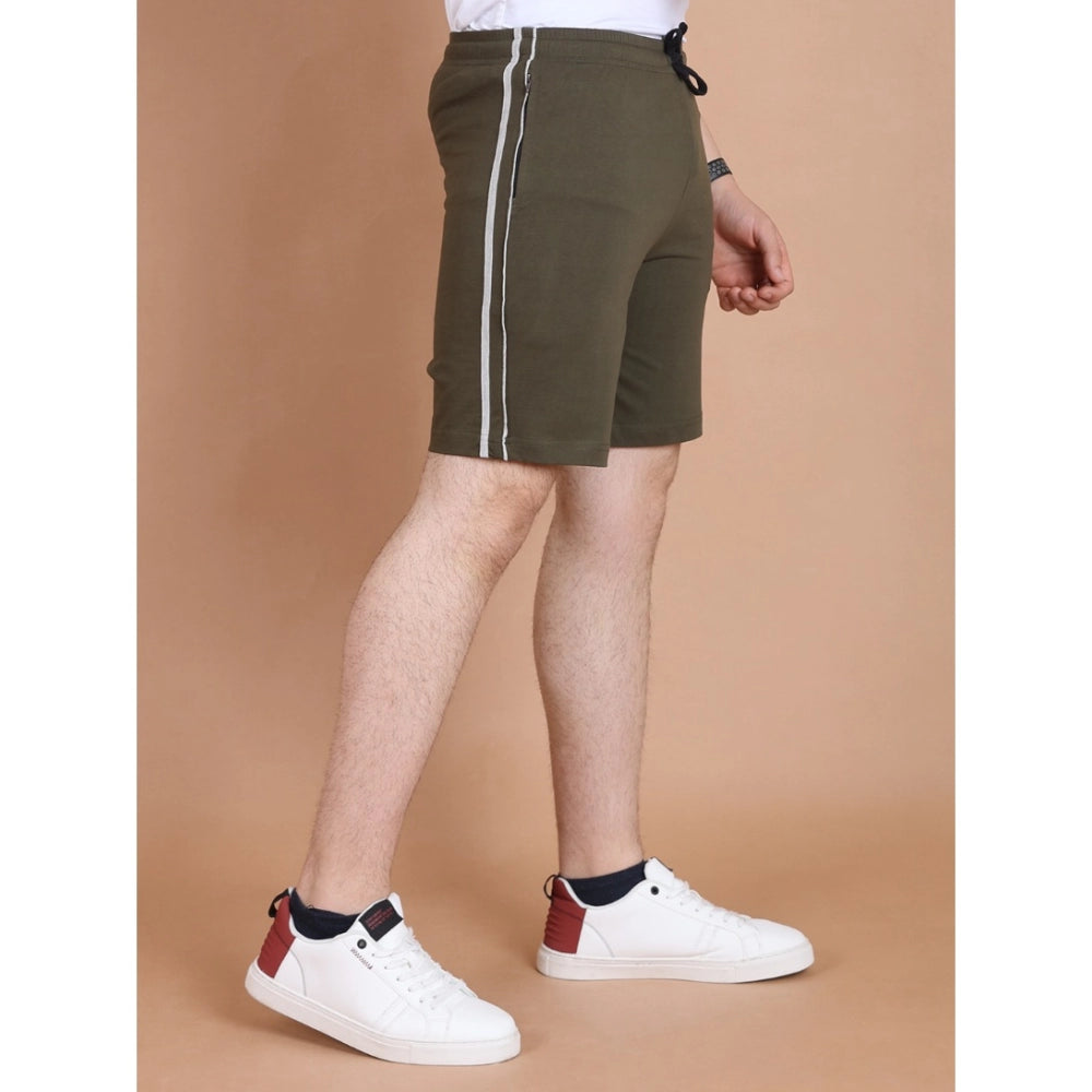 Olive striped cotton casual shorts for men, above-knee length