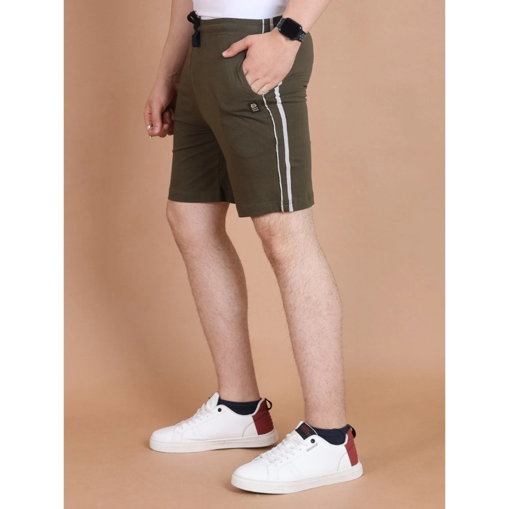 Olive striped cotton men's casual above-knee shorts - vibrant pattern for summer leisure